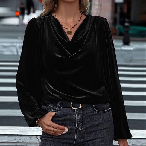 Women's Velvet Shirts Casual Long Sleeve Cowl Neck Drape Ruched Front Tops Blouse Comfy Loose Fit Elegant Tshirts in Saudi Arabia
