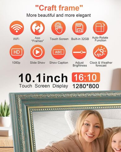 إطار صور رقمي من Frameo مقاس 10.1 بوصة مزود بتقنية WiFi مع مساحة تخزين 32 جيجابايت، وشاشة عرض شرائح تعمل باللمس بدقة 1280x800 HD IPS، وهدايا التواصل لمسافات طويلة، وتكنولوجيا المسنين (بني القيقب) in Saudi Arabia