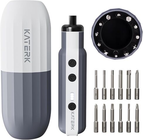 Katerk Electric Screwdriver Cordless - 4V Capsule Screwdriver with 12 Steel Bits & Magnetic Storage, 3 Torque Settings, 1500mAh & LED Light- Portable Repair Tool Kit for Furniture Assembly DIY (White) in Saudi Arabia