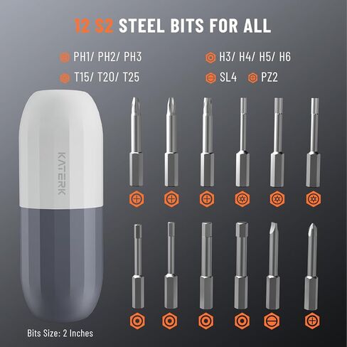 Katerk Electric Screwdriver Cordless - 4V Capsule Screwdriver with 12 Steel Bits & Magnetic Storage, 3 Torque Settings, 1500mAh & LED Light- Portable Repair Tool Kit for Furniture Assembly DIY (White) in Saudi Arabia