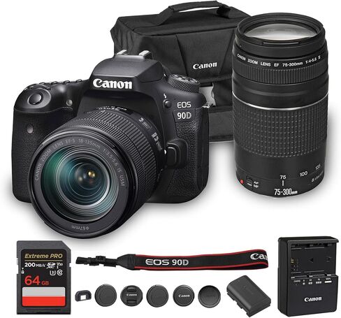 كاميرا كانون EOS 90D DSLR مع عدسة 18-135 ملم | مستشعر APS-C بدقة 32.5 ميجابكسل، والتركيز البؤري التلقائي ثنائي البكسل، وفيديو بدقة 4K | لتصوير الحياة البرية والرياضة (3616C016) + عدسة Canon EF 75-300mm f/4-5.6 III + حقيبة + بطاقة سعة 64 جيجابايت in Saudi Arabia