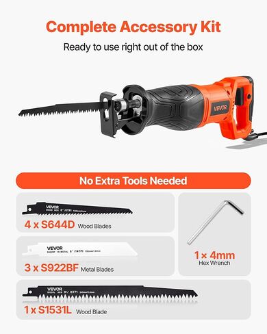 منشار ترددي سلكي VEVOR، 120 فولت 7.5 أمبير، سرعة متغيرة 2800 SPM، طول السكتة الدماغية 1-1/8 بوصة، منشار ترددي كهربائي مع 8 شفرات وحقيبة حمل، لقطع الخشب والمعادن والبلاستيك in Kuwait