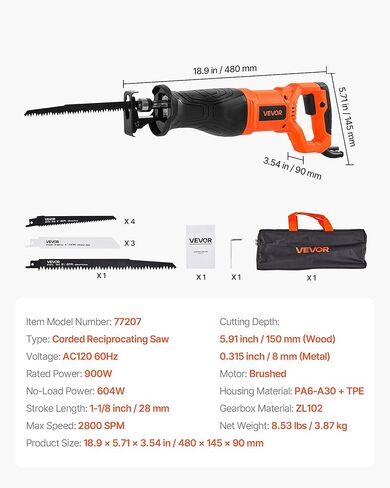 منشار ترددي سلكي VEVOR، 120 فولت 7.5 أمبير، سرعة متغيرة 2800 SPM، طول السكتة الدماغية 1-1/8 بوصة، منشار ترددي كهربائي مع 8 شفرات وحقيبة حمل، لقطع الخشب والمعادن والبلاستيك in Kuwait