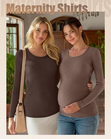 4 Pack Women's Ribbed Maternity Shirts, Scoop Neck Long Sleeve Knit Pregnancy Tops Slim Basic Tee Clothes in Saudi Arabia