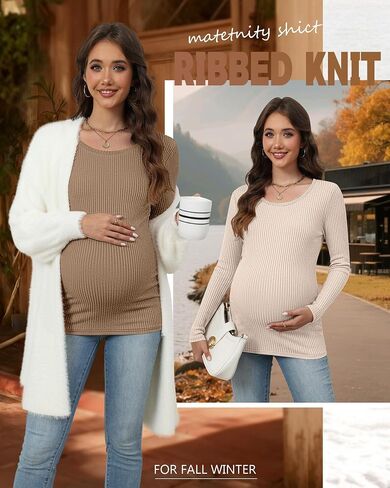 4 Pack Women's Ribbed Maternity Shirts, Scoop Neck Long Sleeve Knit Pregnancy Tops Slim Basic Tee Clothes in Saudi Arabia