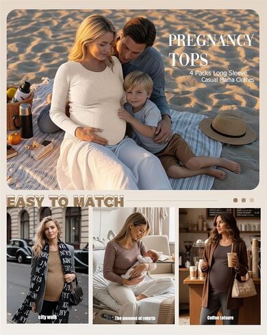 4 Pack Women's Ribbed Maternity Shirts, Scoop Neck Long Sleeve Knit Pregnancy Tops Slim Basic Tee Clothes in Saudi Arabia