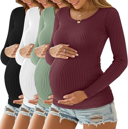 4 قطع من قمصان الحمل النسائية المضلعة، رقبة واسعة وأكمام طويلة، قمصان الحمل الأساسية النحيفة in Kuwait
