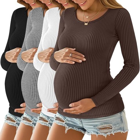 4 قطع من قمصان الحمل النسائية المضلعة، رقبة واسعة وأكمام طويلة، قمصان الحمل الأساسية النحيفة in Kuwait