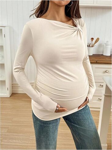 MakeMeChic Women's Maternity T Shirts Asymmetrical Neck Long Sleeve Fitted Pregnancy Tops in Saudi Arabia