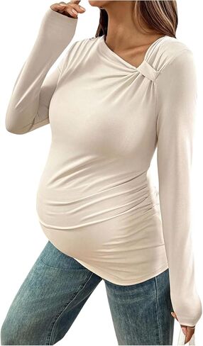 MakeMeChic Women's Maternity T Shirts Asymmetrical Neck Long Sleeve Fitted Pregnancy Tops in Saudi Arabia