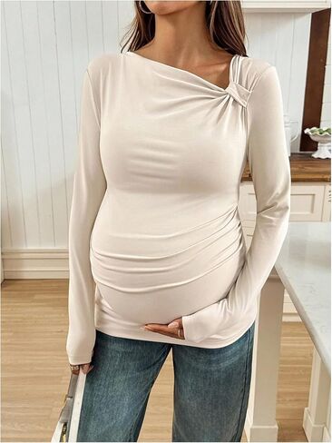MakeMeChic Women's Maternity T Shirts Asymmetrical Neck Long Sleeve Fitted Pregnancy Tops in Saudi Arabia