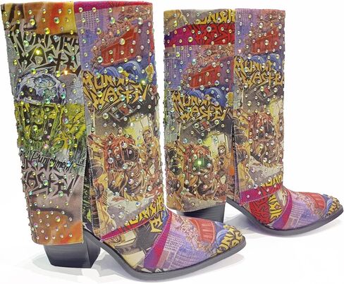 One - of - a - Kind! Women's Punk Western Cowboy Rhinestone Mid - Calf Boots, Cuffed Slip - On Riding Boots | Random Graffiti Mix, Rhinestone Embellished | Denim Fabric, 9CM Chunky Heel, Sturdy Sole, Comfy Insole | Ideal for Concerts, Shopping, Parties, F in Saudi Arabia