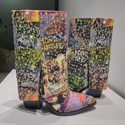 One - of - a - Kind! Women's Punk Western Cowboy Rhinestone Mid - Calf Boots, Cuffed Slip - On Riding Boots | Random Graffiti Mix, Rhinestone Embellished | Denim Fabric, 9CM Chunky Heel, Sturdy Sole, Comfy Insole | Ideal for Concerts, Shopping, Parties, F in Saudi Arabia