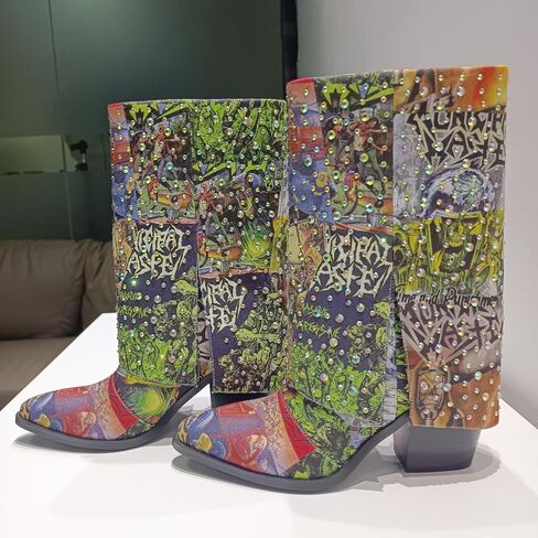 One - of - a - Kind! Women's Punk Western Cowboy Rhinestone Mid - Calf Boots, Cuffed Slip - On Riding Boots | Random Graffiti Mix, Rhinestone Embellished | Denim Fabric, 9CM Chunky Heel, Sturdy Sole, Comfy Insole | Ideal for Concerts, Shopping, Parties, F in Saudi Arabia