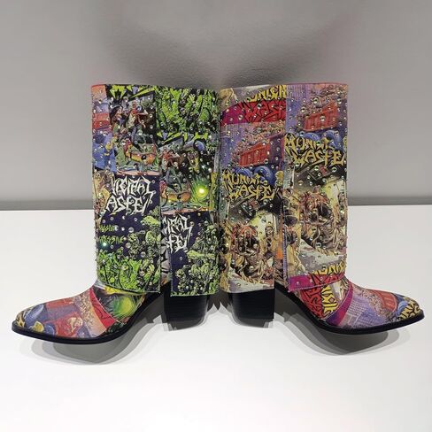 One - of - a - Kind! Women's Punk Western Cowboy Rhinestone Mid - Calf Boots, Cuffed Slip - On Riding Boots | Random Graffiti Mix, Rhinestone Embellished | Denim Fabric, 9CM Chunky Heel, Sturdy Sole, Comfy Insole | Ideal for Concerts, Shopping, Parties, F in Saudi Arabia