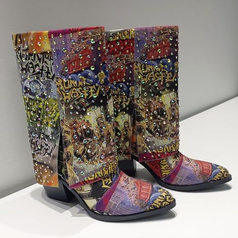 One - of - a - Kind! Women's Punk Western Cowboy Rhinestone Mid - Calf Boots, Cuffed Slip - On Riding Boots | Random Graffiti Mix, Rhinestone Embellished | Denim Fabric, 9CM Chunky Heel, Sturdy Sole, Comfy Insole | Ideal for Concerts, Shopping, Parties, F in Saudi Arabia