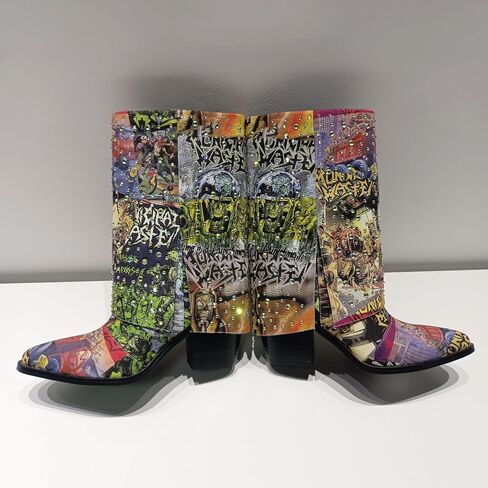 One - of - a - Kind! Women's Punk Western Cowboy Rhinestone Mid - Calf Boots, Cuffed Slip - On Riding Boots | Random Graffiti Mix, Rhinestone Embellished | Denim Fabric, 9CM Chunky Heel, Sturdy Sole, Comfy Insole | Ideal for Concerts, Shopping, Parties, F in Saudi Arabia