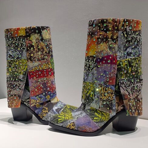 One - of - a - Kind! Women's Punk Western Cowboy Rhinestone Mid - Calf Boots, Cuffed Slip - On Riding Boots | Random Graffiti Mix, Rhinestone Embellished | Denim Fabric, 9CM Chunky Heel, Sturdy Sole, Comfy Insole | Ideal for Concerts, Shopping, Parties, F in Saudi Arabia