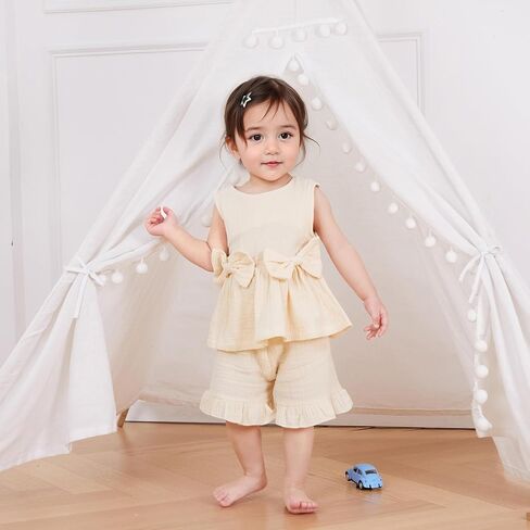 Toddler Girl Summer Outfits Solid Linen Outfit Two Bows Front Ruffle Tank Tops Shirts Shorts Cute Baby Girl Clothes in Saudi Arabia