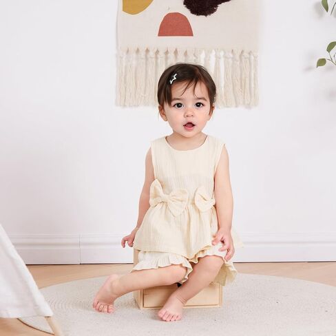 Toddler Girl Summer Outfits Solid Linen Outfit Two Bows Front Ruffle Tank Tops Shirts Shorts Cute Baby Girl Clothes in Saudi Arabia