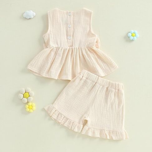 Toddler Girl Summer Outfits Solid Linen Outfit Two Bows Front Ruffle Tank Tops Shirts Shorts Cute Baby Girl Clothes in Saudi Arabia