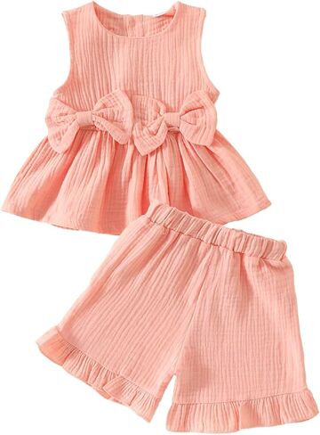 Toddler Girl Summer Outfits Solid Linen Outfit Two Bows Front Ruffle Tank Tops Shirts Shorts Cute Baby Girl Clothes in Saudi Arabia
