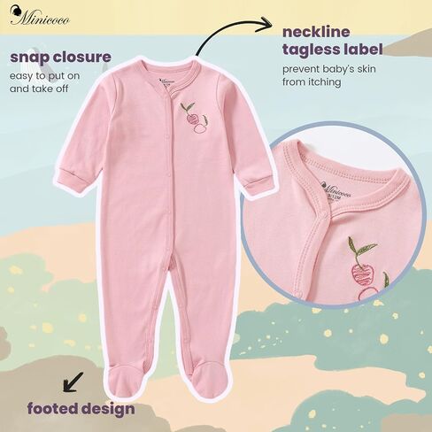 Baby Girl Footies Romper - 100% Cotton, Soft Casual Outfit with Cute Designs for Newborn to 24 Months Infant Girls in Kuwait