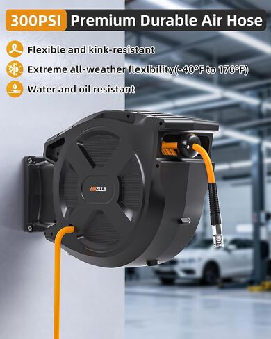 Retractable Air Hose Reel, 3/8" x 100Ft Flex Hybrid Air Hose Max 300PSI Kink-resistant Air Compressor Hose Reel Auto Rewind with 6Ft Lead in, Quick Connect, 180° Swivel Mounting Kit. in Kuwait