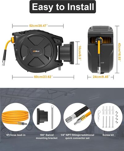 Retractable Air Hose Reel, 3/8" x 100Ft Flex Hybrid Air Hose Max 300PSI Kink-resistant Air Compressor Hose Reel Auto Rewind with 6Ft Lead in, Quick Connect, 180° Swivel Mounting Kit. in Kuwait