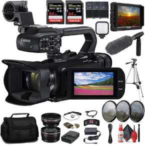 كاميرا الفيديو Canon XA60 Professional UHD 4K (5733C002) + شاشة 4K + ميكروفون احترافي + بطاقة 2 × 64 جيجابايت + 2 × بطارية + شاحن + مجموعة مرشح + حامل ثلاثي القوائم احترافي + حقيبة + ضوء LED + المزيد (متجدد) in Kuwait
