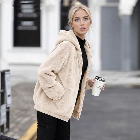 Fuzzy Sherpa Fleece Jacket Women Cozy Soft Zip Up Thin Style Hoodies Long Sleeve Womens Warm Fall Winter Causal Coat in Saudi Arabia