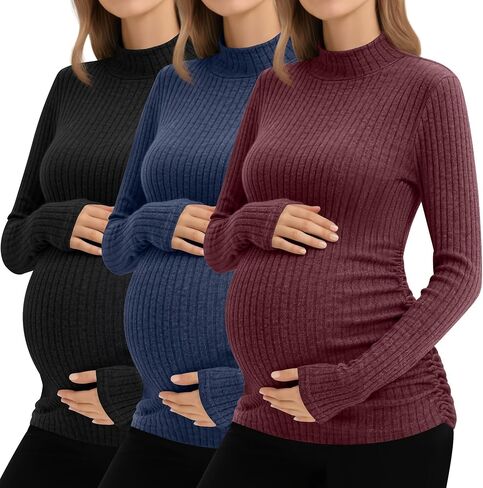 Neer 3 قطع من قمصان الحمل النسائية، سترات للحوامل بأكمام طويلة وقمصان للحمل بياقة مدورة وملابس ماما متماسكة مضلعة in Kuwait