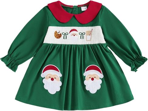 Toddler Baby Girl Christmas Dress Long Sleeve Doll Collar Dress Santa Claus Embroidered Outfit in Saudi Arabia