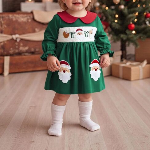 Toddler Baby Girl Christmas Dress Long Sleeve Doll Collar Dress Santa Claus Embroidered Outfit in Saudi Arabia