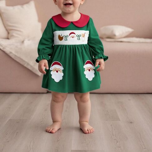 Toddler Baby Girl Christmas Dress Long Sleeve Doll Collar Dress Santa Claus Embroidered Outfit in Saudi Arabia