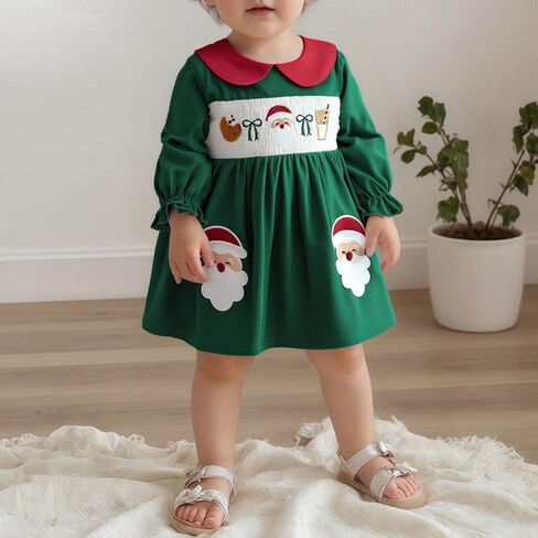 Toddler Baby Girl Christmas Dress Long Sleeve Doll Collar Dress Santa Claus Embroidered Outfit in Saudi Arabia