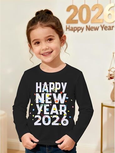 قميص رأس السنة السعيدة للأطفال الصغار والبنات والأولاد مرحبا 2026 تي شيرت لامع لحفلات ليلة رأس السنة الجديدة تي شيرت بأكمام طويلة للعطلات in Kuwait