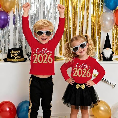 Happy New Year Shirt for Toddler Girl Boy Hello 2026 T-Shirt Glitter New Years Eve Party Tee Holiday Long Sleeve Top in Saudi Arabia