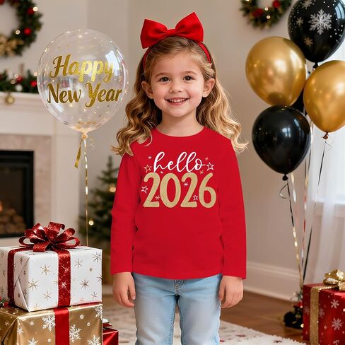Happy New Year Shirt for Toddler Girl Boy Hello 2026 T-Shirt Glitter New Years Eve Party Tee Holiday Long Sleeve Top in Saudi Arabia