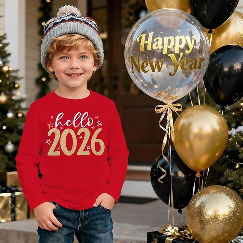 Happy New Year Shirt for Toddler Girl Boy Hello 2026 T-Shirt Glitter New Years Eve Party Tee Holiday Long Sleeve Top in Saudi Arabia