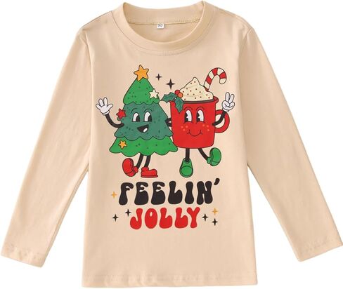 قمصان عيد الميلاد للفتيات الصغيرات Feelin' Jolly بأكمام طويلة تي شيرت لطيف برسومات عيد الميلاد تي شيرت علوي للعطلات in Kuwait