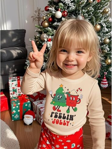 قمصان عيد الميلاد للفتيات الصغيرات Feelin' Jolly بأكمام طويلة تي شيرت لطيف برسومات عيد الميلاد تي شيرت علوي للعطلات in Kuwait