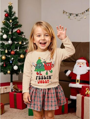 قمصان عيد الميلاد للفتيات الصغيرات Feelin' Jolly بأكمام طويلة تي شيرت لطيف برسومات عيد الميلاد تي شيرت علوي للعطلات in Kuwait