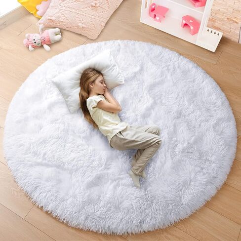 junovo Round Rug 6x6 Feet Fluffy Soft Area Rugs for Kids Girls Room Princess Castle Plush Shaggy Carpet Cute Circle Nursery Rug for Kids Teen's Bedroom Home Decor Large Circular Carpet, White in Saudi Arabia