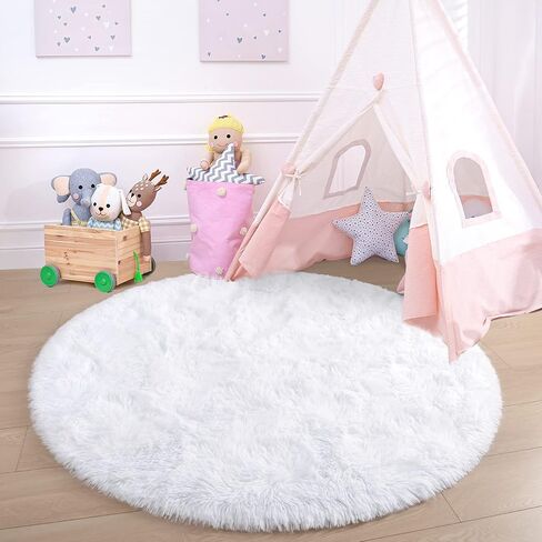 junovo Round Rug 6x6 Feet Fluffy Soft Area Rugs for Kids Girls Room Princess Castle Plush Shaggy Carpet Cute Circle Nursery Rug for Kids Teen's Bedroom Home Decor Large Circular Carpet, White in Saudi Arabia