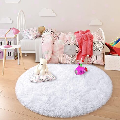 junovo Round Rug 6x6 Feet Fluffy Soft Area Rugs for Kids Girls Room Princess Castle Plush Shaggy Carpet Cute Circle Nursery Rug for Kids Teen's Bedroom Home Decor Large Circular Carpet, White in Saudi Arabia