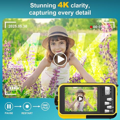 كاميرا 4K تحت الماء مع بطاقة 32 جيجابايت، بطارية 1250 مللي أمبير في الساعة، 56 ميجابكسل ضبط تلقائي للصورة، كاميرا مقاومة للماء 11 قدم، كاميرا مزدوجة الشاشة، 16X كاميرا رقمية قابلة للطفو مقاومة للماء تحت الماء للغطس in Kuwait