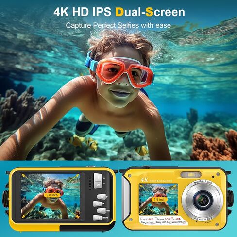 كاميرا 4K تحت الماء مع بطاقة 32 جيجابايت، بطارية 1250 مللي أمبير في الساعة، 56 ميجابكسل ضبط تلقائي للصورة، كاميرا مقاومة للماء 11 قدم، كاميرا مزدوجة الشاشة، 16X كاميرا رقمية قابلة للطفو مقاومة للماء تحت الماء للغطس in Kuwait