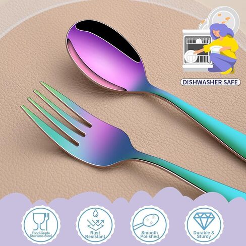 مجموعة أدوات تناول الطعام للأطفال من قوس قزح، مجموعة مكونة من 12 مجموعة أدوات فضية من الفولاذ المقاوم للصدأ بدرجة الطعام للأطفال، آمنة للاستخدام في غسالة الأطباق، مجموعات ملاعق وشوك معدنية صغيرة للأطفال in Kuwait