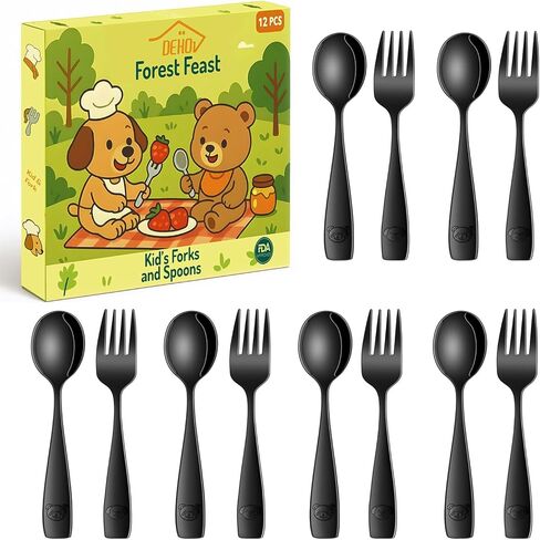 مجموعة أدوات تناول الطعام للأطفال من قوس قزح، مجموعة مكونة من 12 مجموعة أدوات فضية من الفولاذ المقاوم للصدأ بدرجة الطعام للأطفال، آمنة للاستخدام في غسالة الأطباق، مجموعات ملاعق وشوك معدنية صغيرة للأطفال in Kuwait
